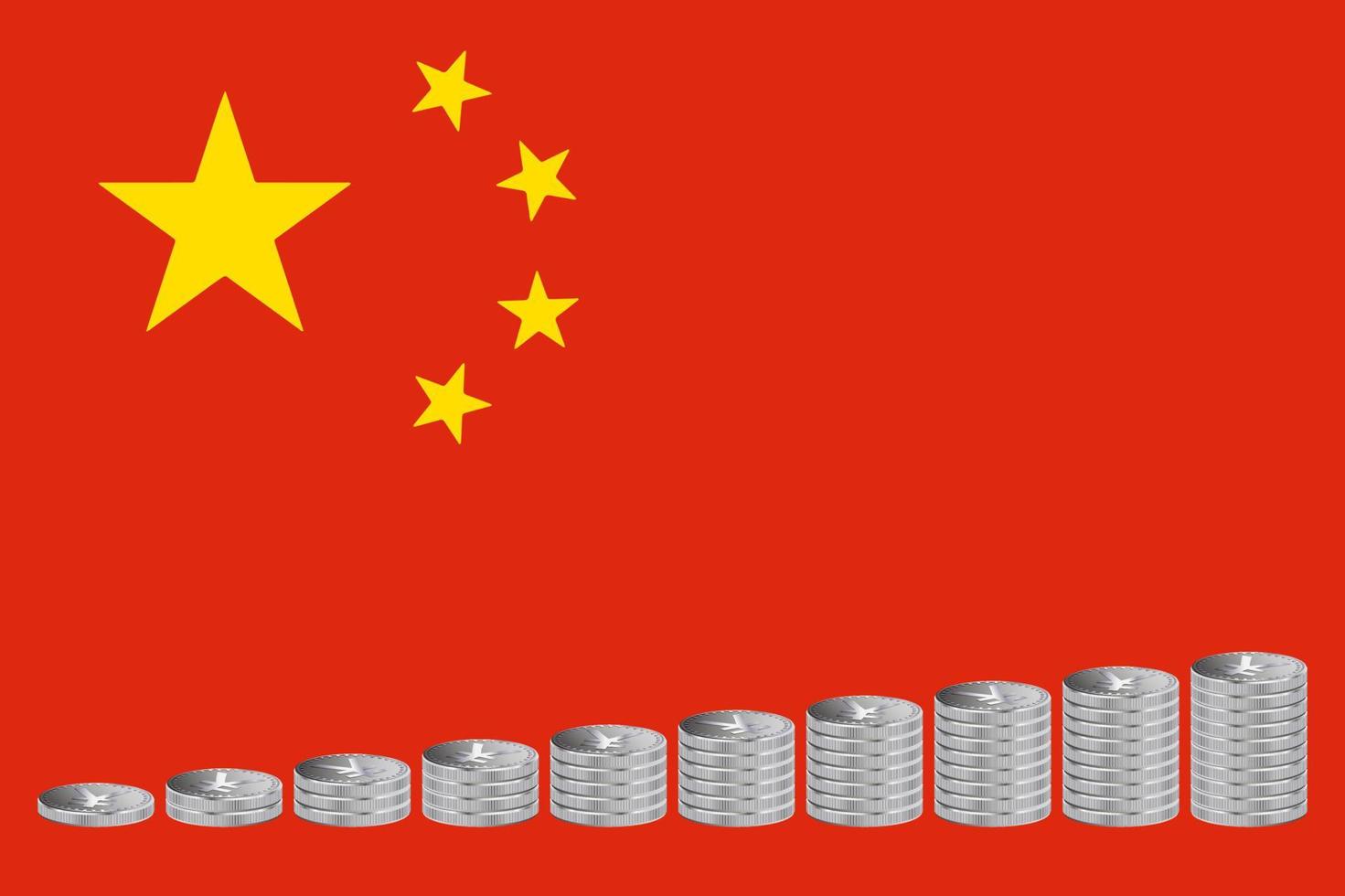 Stacks of Yuan coins in  silver color on the background of the flag of China. vector