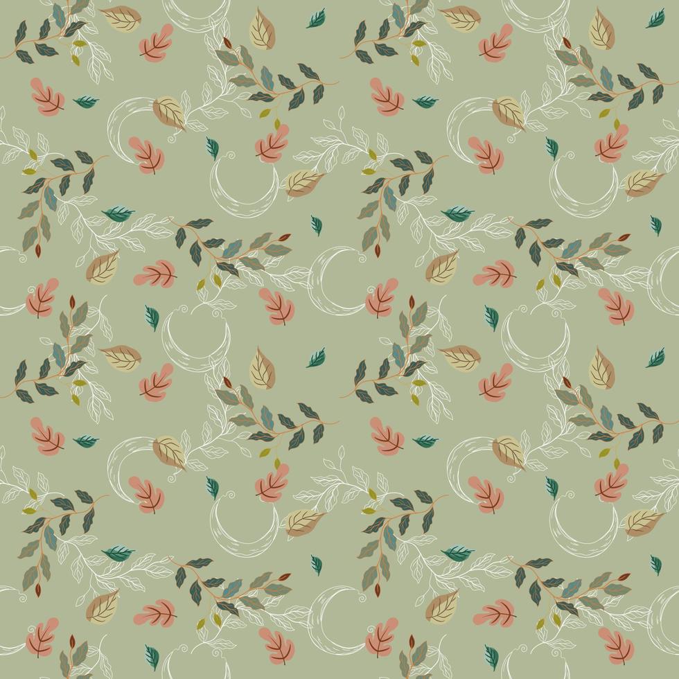 Autumn and fall seamless pattern,  sweet color of autumn leaves, haft moon and white outline behind. Flat vector image.