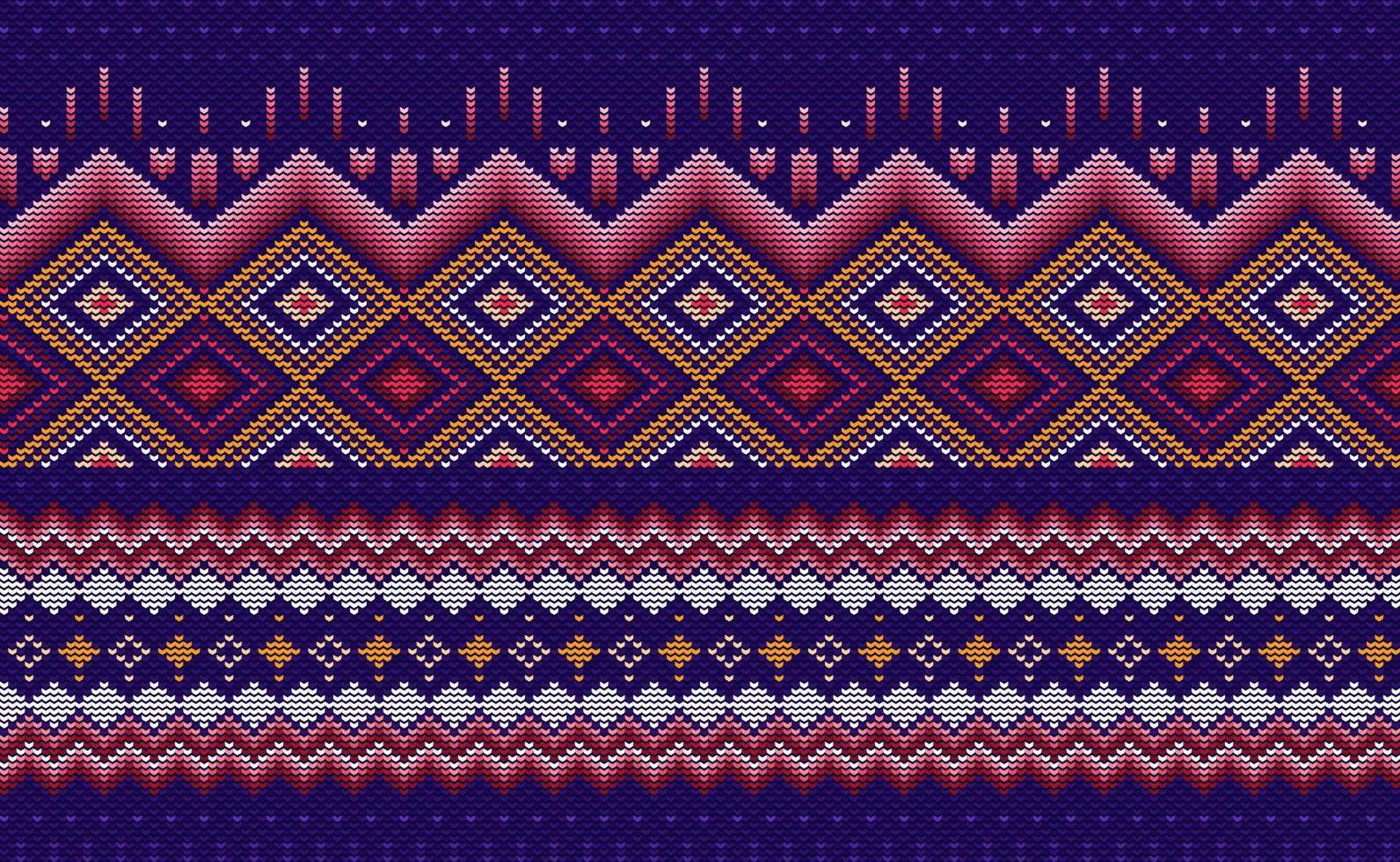 Cross stitch ethnic pattern, Vector Knitted background, Red pattern Moroccan on knitted purple background