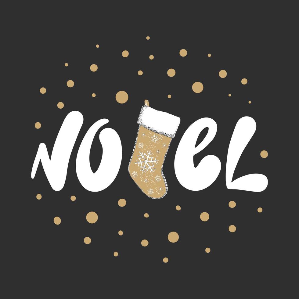 ilustración dorada vectorial con letras caligráficas en francés para carteles, decoración y tarjetas de felicitación. boceto dibujado a mano noel o vacaciones de navidad sobre fondo oscuro. dibujo de grabado antiguo. vector