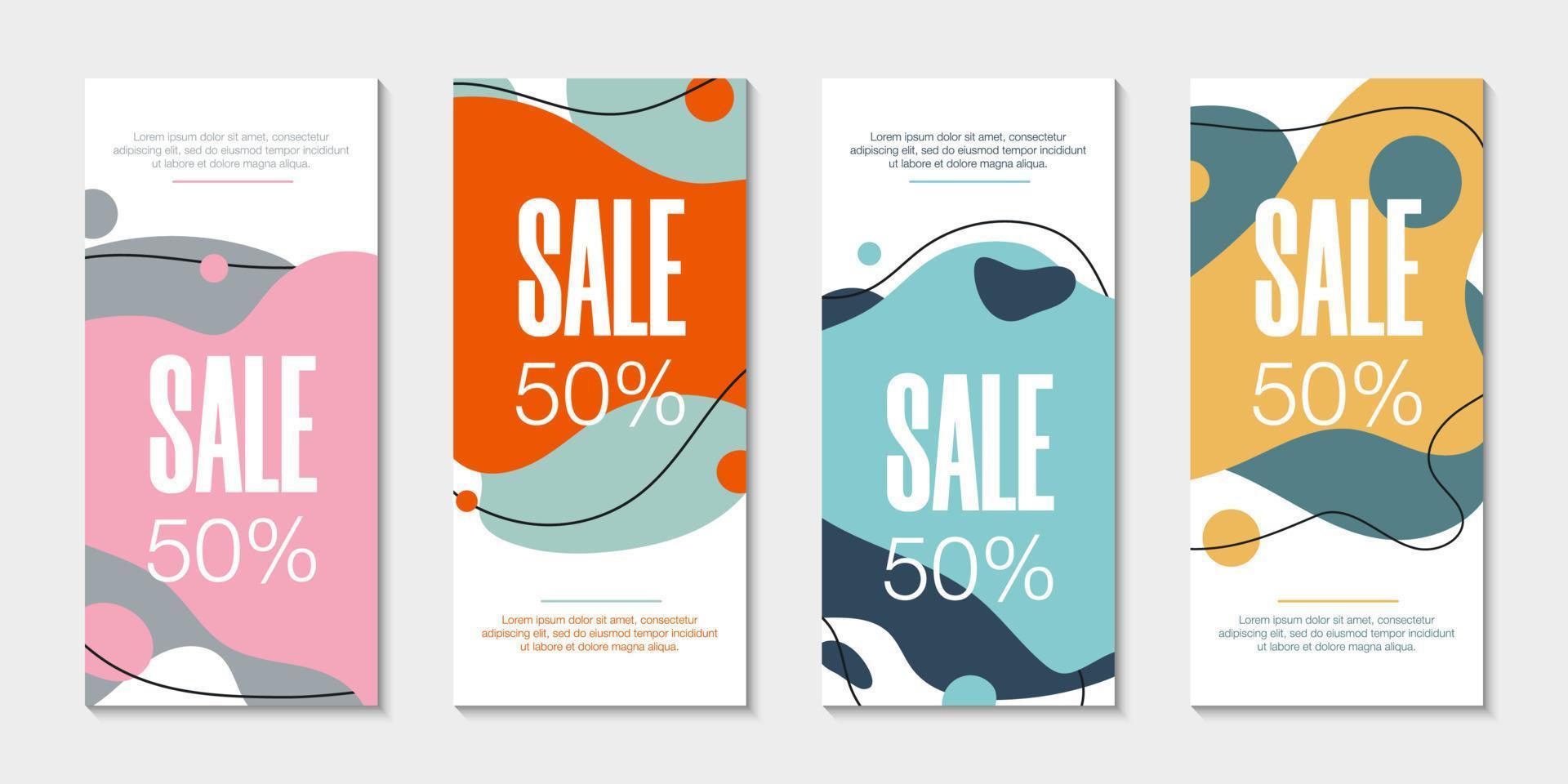 Set of 4 abstract modern graphic liquid banners. Dynamical waves different colored fluid forms. Isolated templates with flowing liquid shapes. For the special offer, flyer or presentation. vector