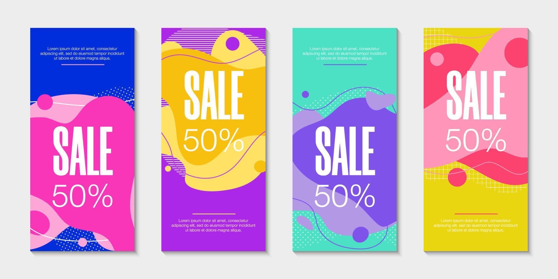 Set of 4 abstract modern graphic liquid banners. Dynamical waves different fluid forms. Isolated templates with flowing shapes in memphis 80s style. For the special offer, flyer or presentation. vector