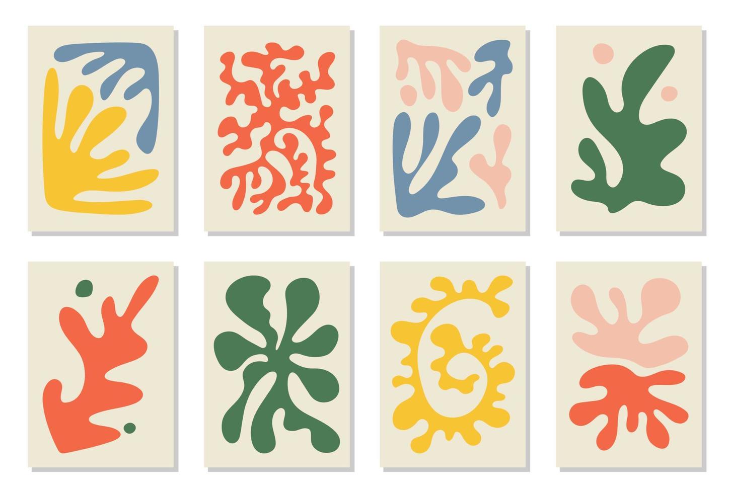 conjunto de 8 carteles de arte mural inspirados en matisse, folletos, plantillas de volantes, collage contemporáneo. Diseño orgánico abstracto de una línea dibujado a mano, papel tapiz. vector vintage gráfico de formas dinámicas