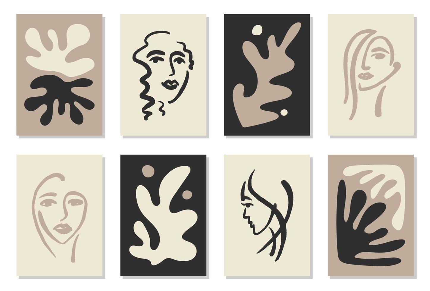 Set of 8 Matisse inspired wall art posters, brochure, flyer templates, contemporary collage. Organic line abstract and woman faces, hand drawn design, wallpaper. Dynamic shapes graphic vintage vector