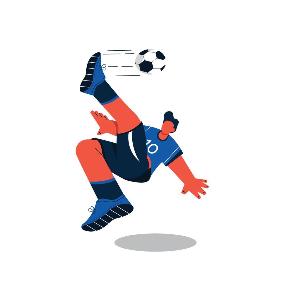 ilustración de un salto mortal de jugador de fútbol pateando una pelota. una técnica de jugar al fútbol. vector