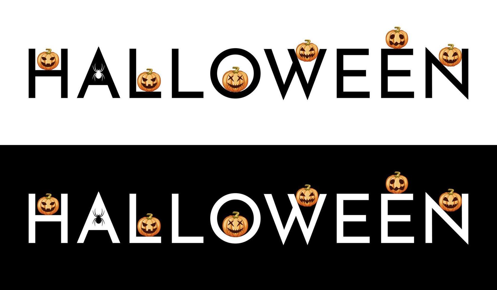 Horizontal Halloween banner on black and white background, with several pumpkins in each letter. Perfect for clothes. vector