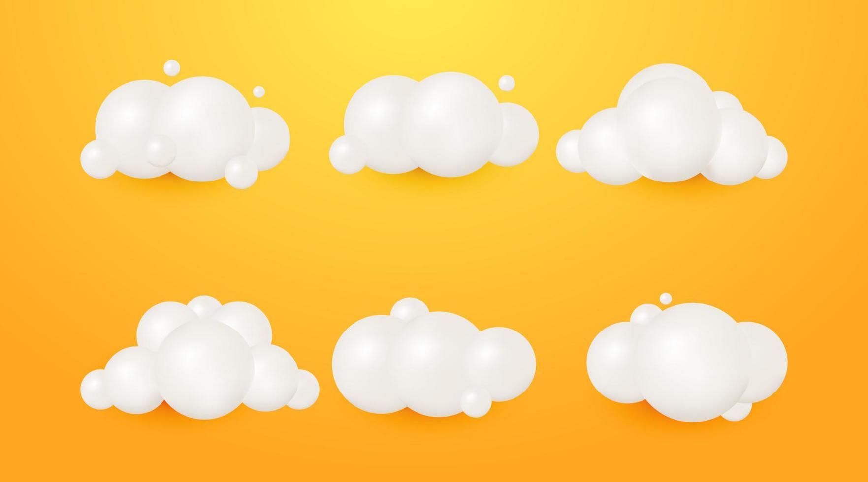 White 3d realistic clouds render soft round cartoon icon collection isolated on a yellow background vector