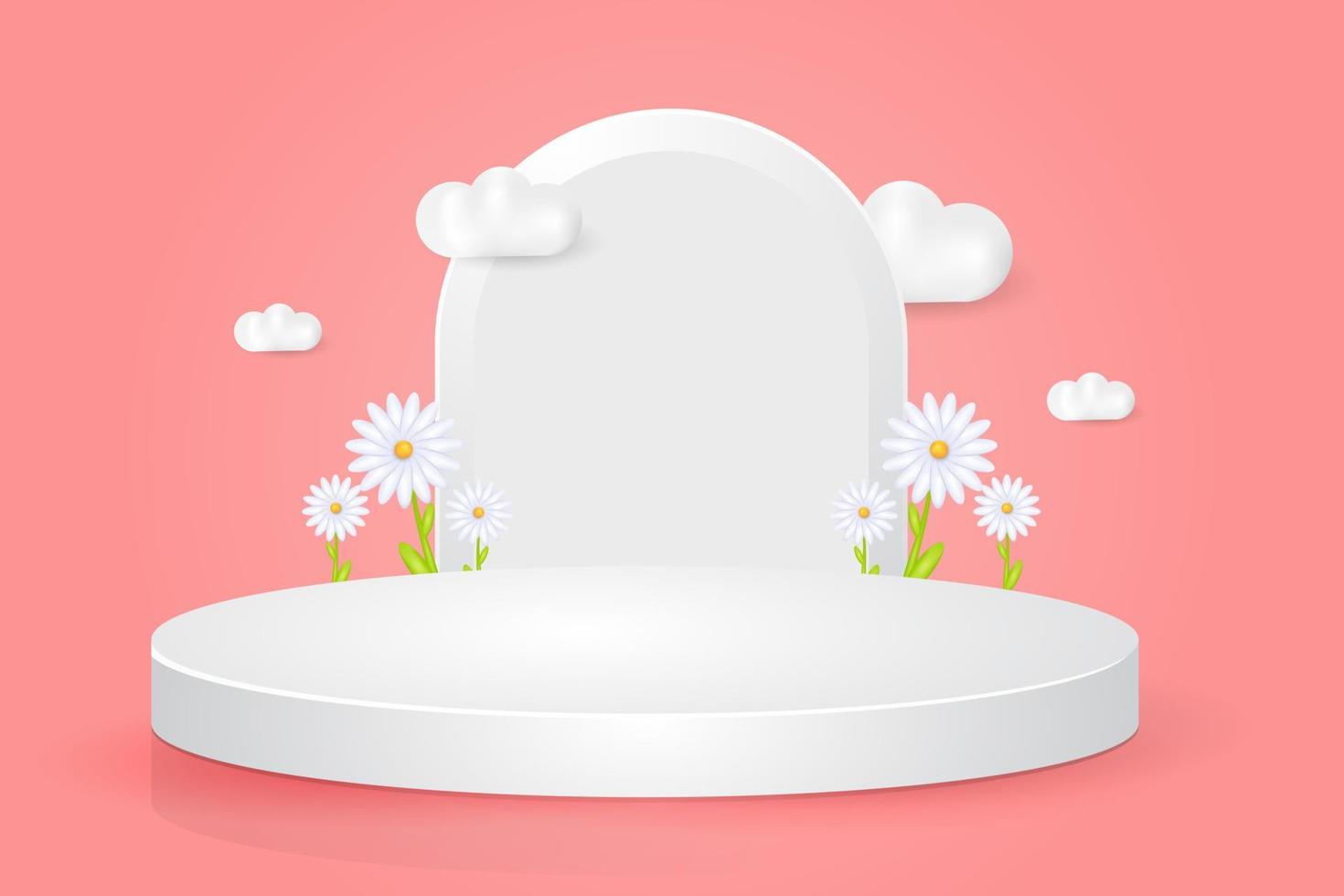 Podio blanco 3d con ilustración de escaparate de flores vector