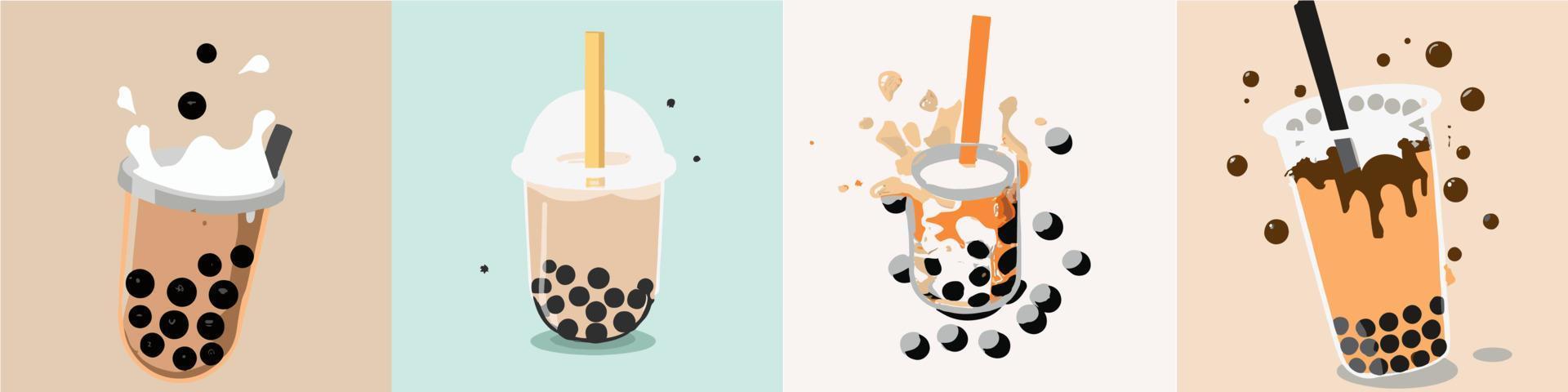 té con leche de burbujas, té con leche de perlas, diferentes tipos de boba. deliciosas bebidas. vector