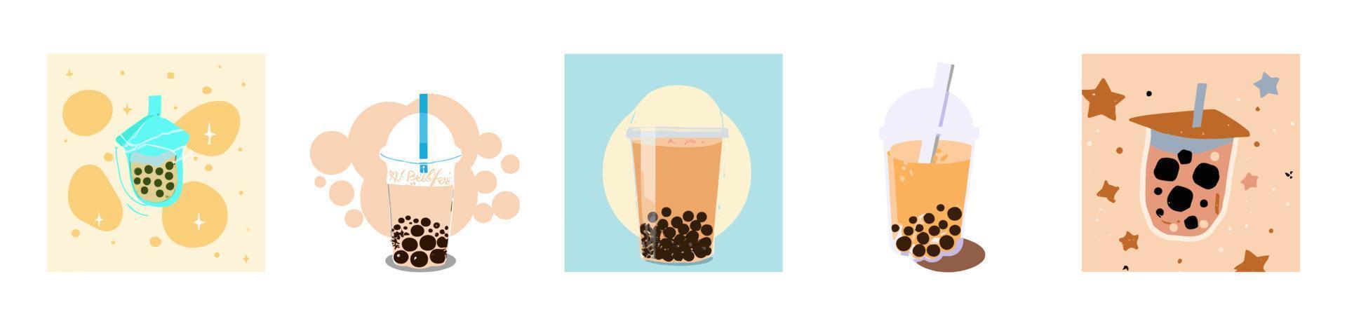 té con leche de burbujas, té con leche de perlas, diferentes tipos de boba. deliciosas bebidas. vector