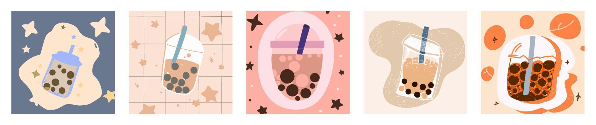 Bubble milk tea, Pearl milk tea , Different sorts of Boba. Yummy drinks. vector