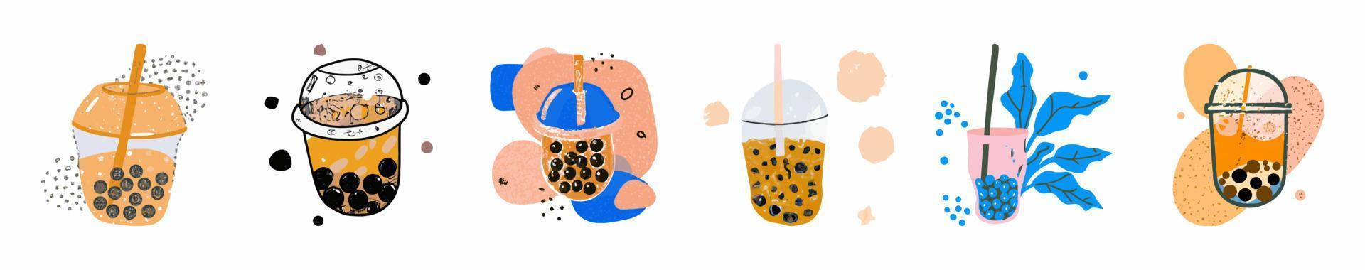 té con leche de burbujas, té con leche de perlas, diferentes tipos de boba. deliciosas bebidas. vector