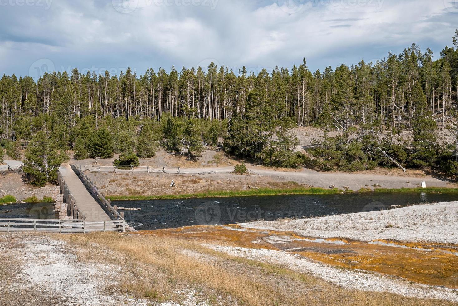 Wooden bridge over river in forest at Yellowstone park with sky in background photo