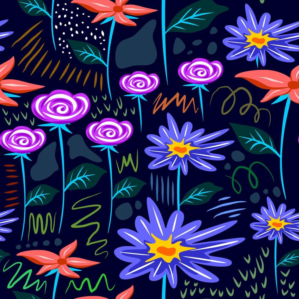 Bloom flowers seamless pattern on blue background. vector