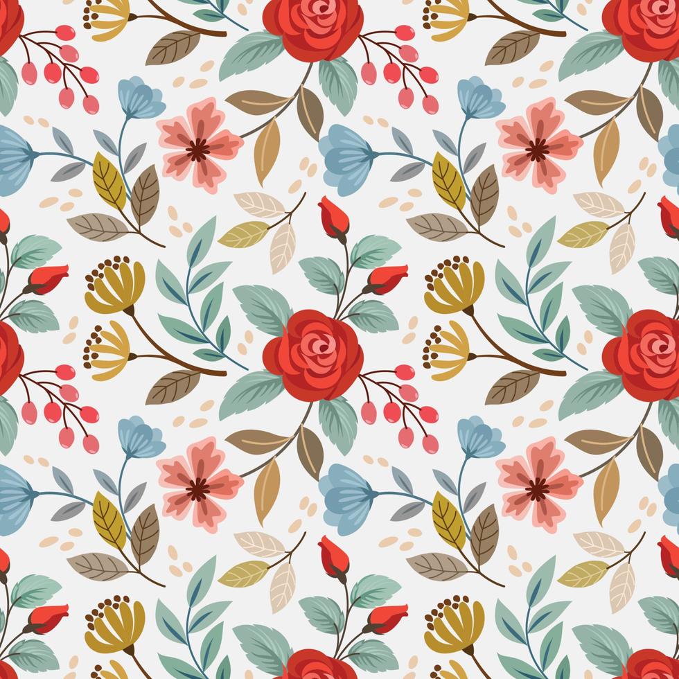 Beautiful red rose and small flowers seamless pattern. vector