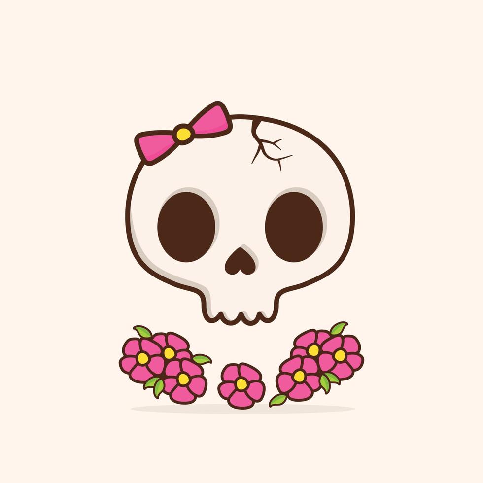 Creepy and cute hand drawn skulls cartoon illustration. Halloween vector illustration. Cute funny skull character. Vector flat line cartoon kawaii character illustration.