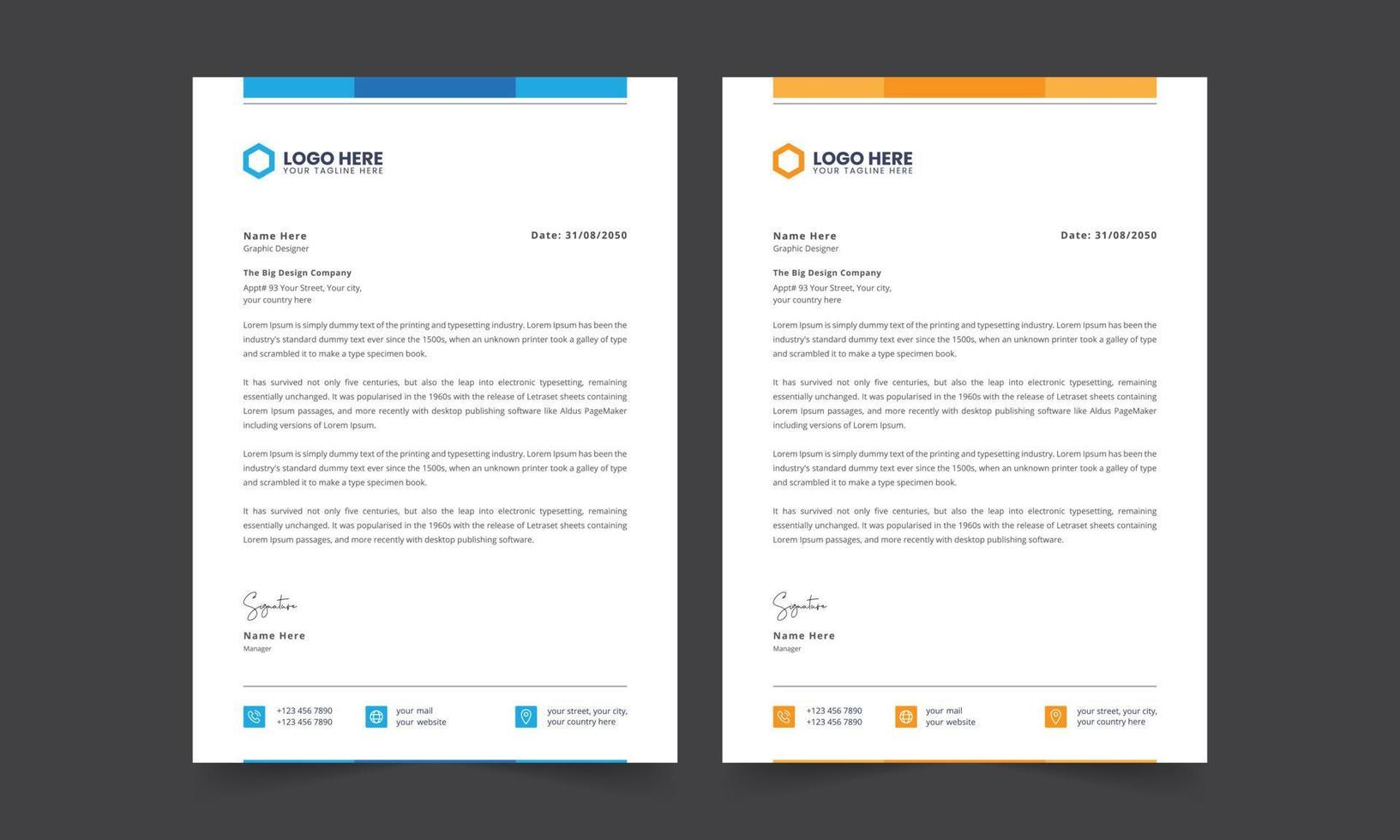 Modern and abstract letterhead design template. Business style letterhead template design with blue, orange, green and purple color vector