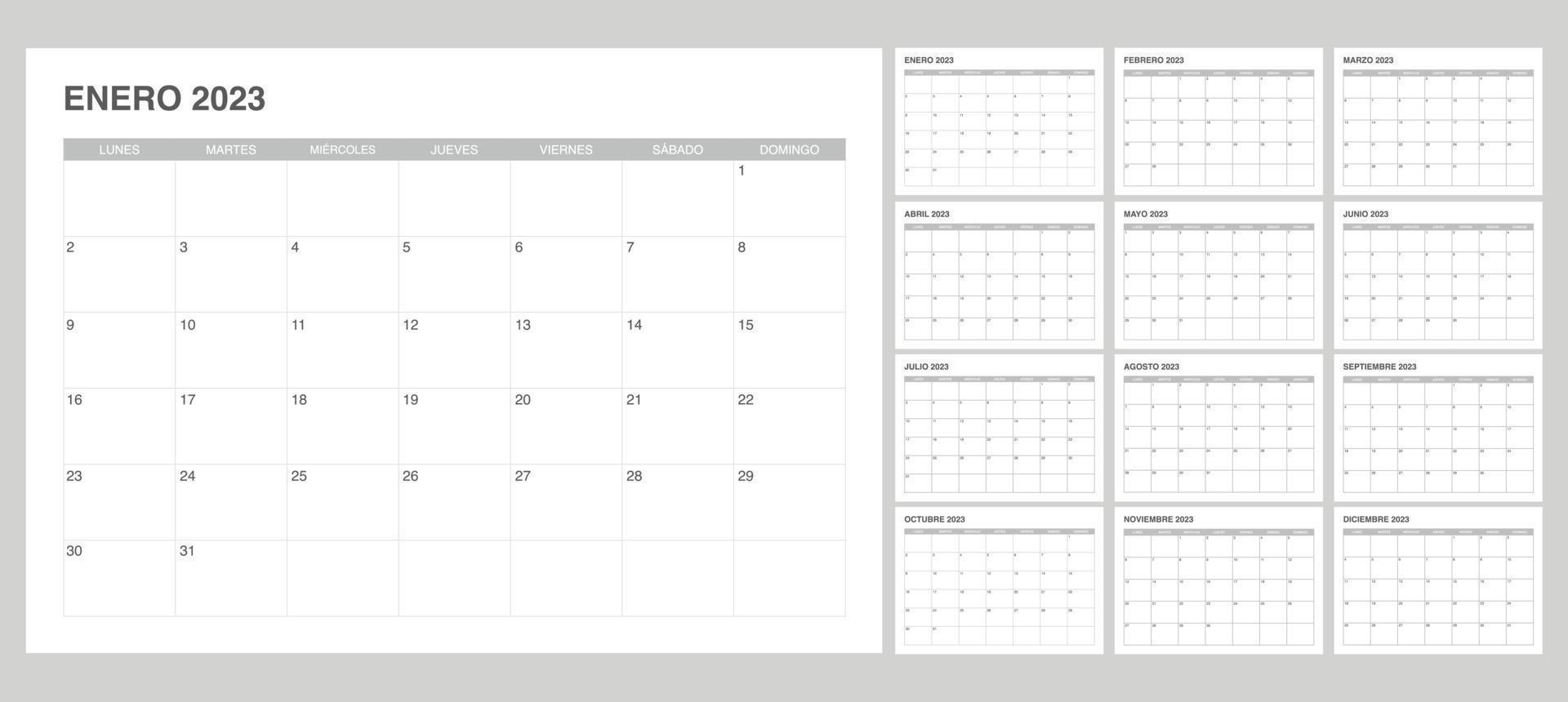 calendario de conjunto simple 2023 en español vector