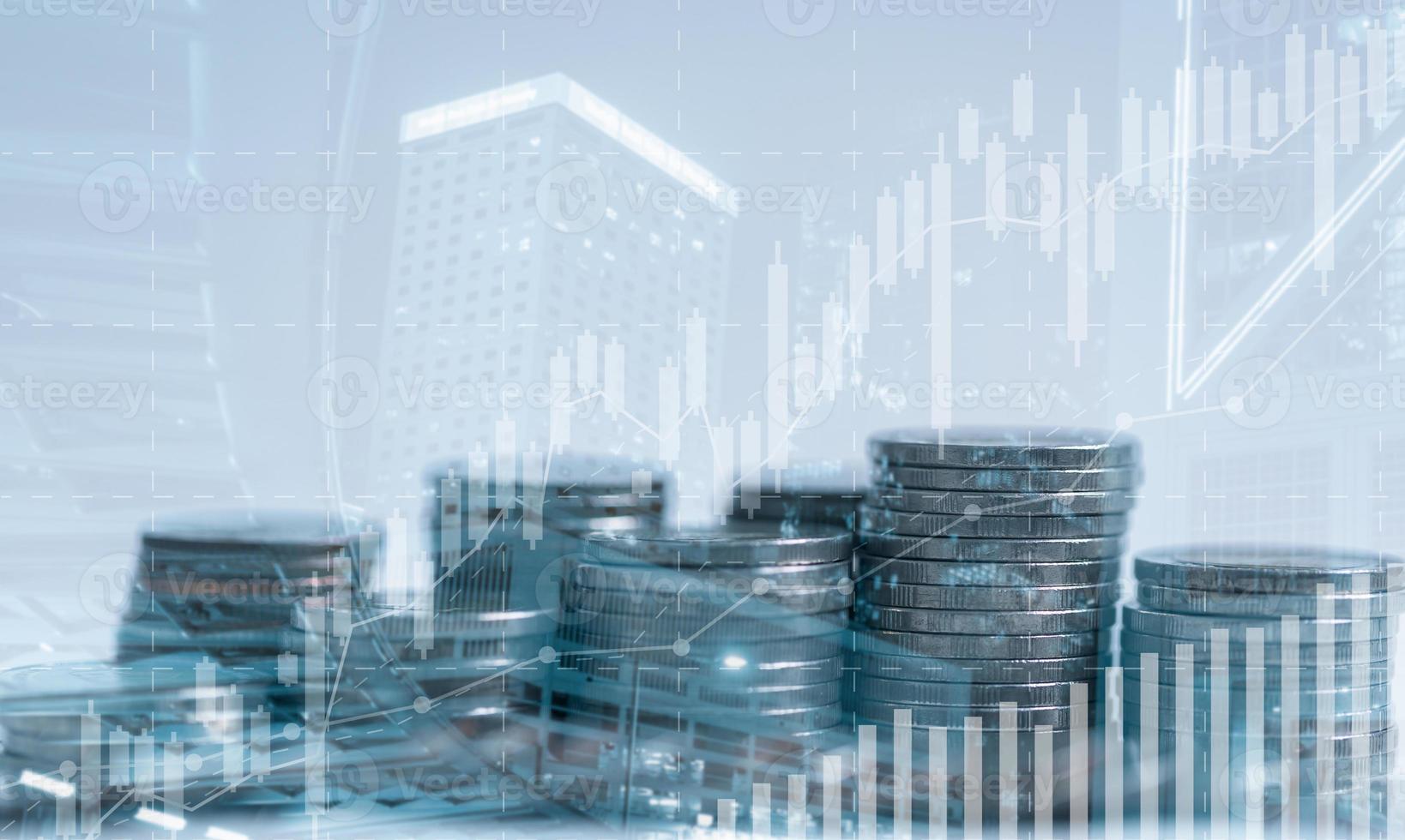 Banking finance investment concept. Double exposure image of growth business with city background. Currency growth market statistics with global foreign. Exchange payments banking global investments. photo