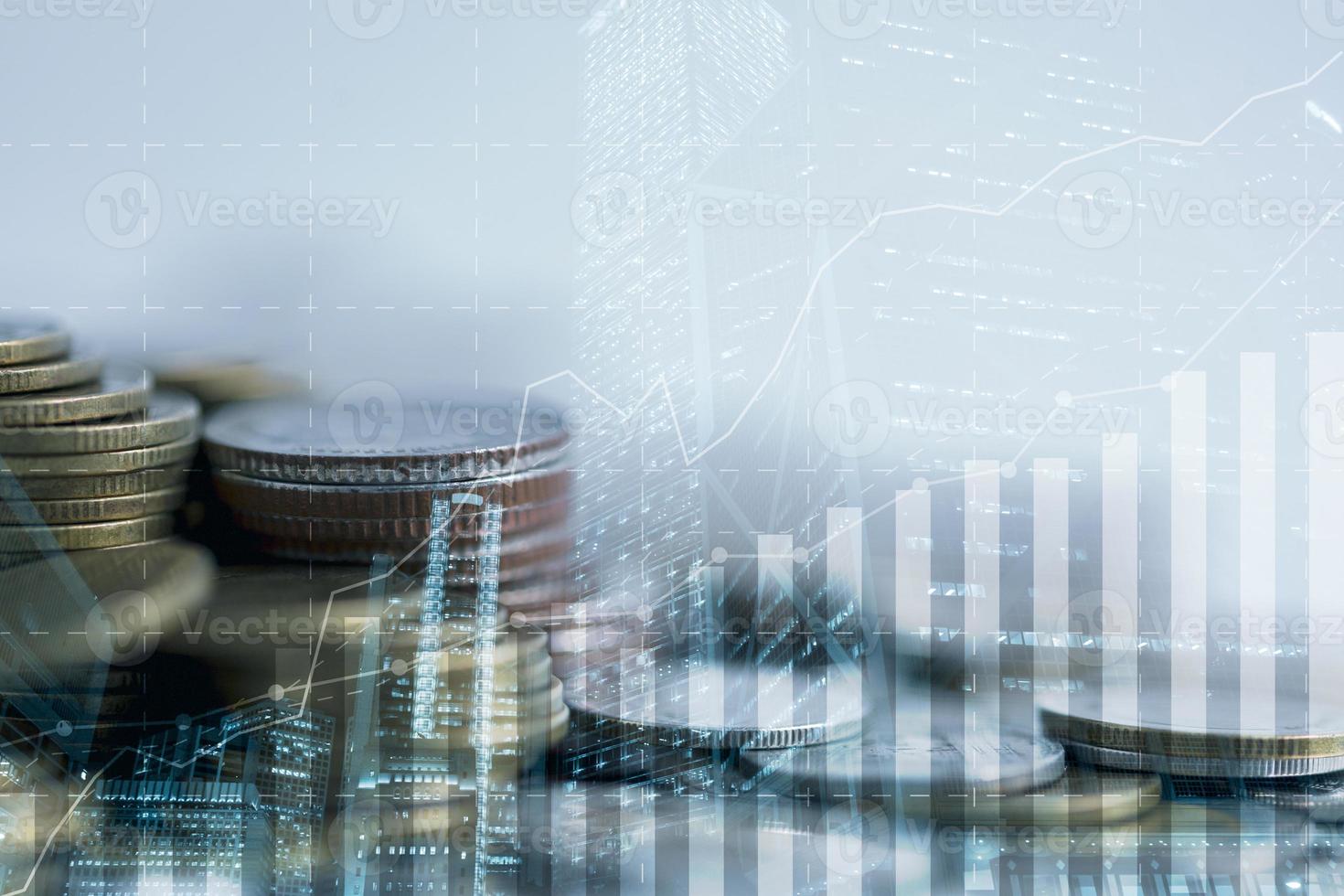 Banking finance investment concept. Double exposure image of growth business with city background. Currency growth market statistics with global foreign. Exchange payments banking global investments. photo