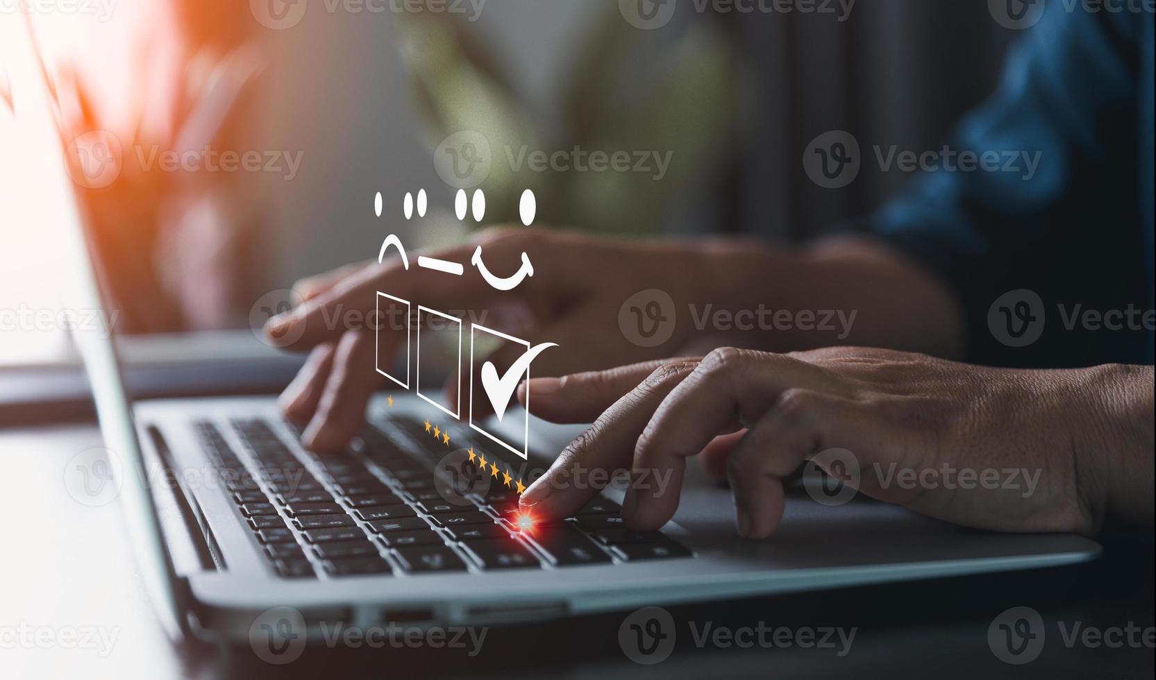Customer service and Satisfaction concept, Customers are satisfied with services of a five-star business company, raising their rank or raising the highest ratings, best assessment and ranking idea. photo