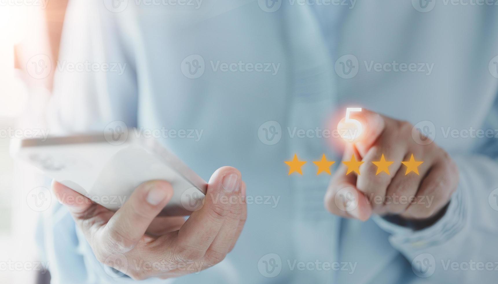 Customer service and Satisfaction concept, Customers are satisfied with services of a five-star business company, raising their rank or raising the highest ratings, best assessment and ranking idea. photo