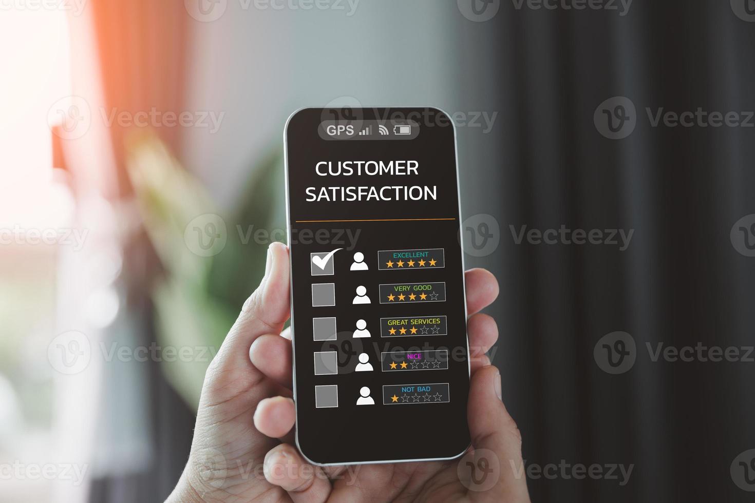 Customer service and Satisfaction concept, Customers are satisfied with services of a five-star business company, raising their rank or raising the highest ratings, best assessment and ranking idea. photo