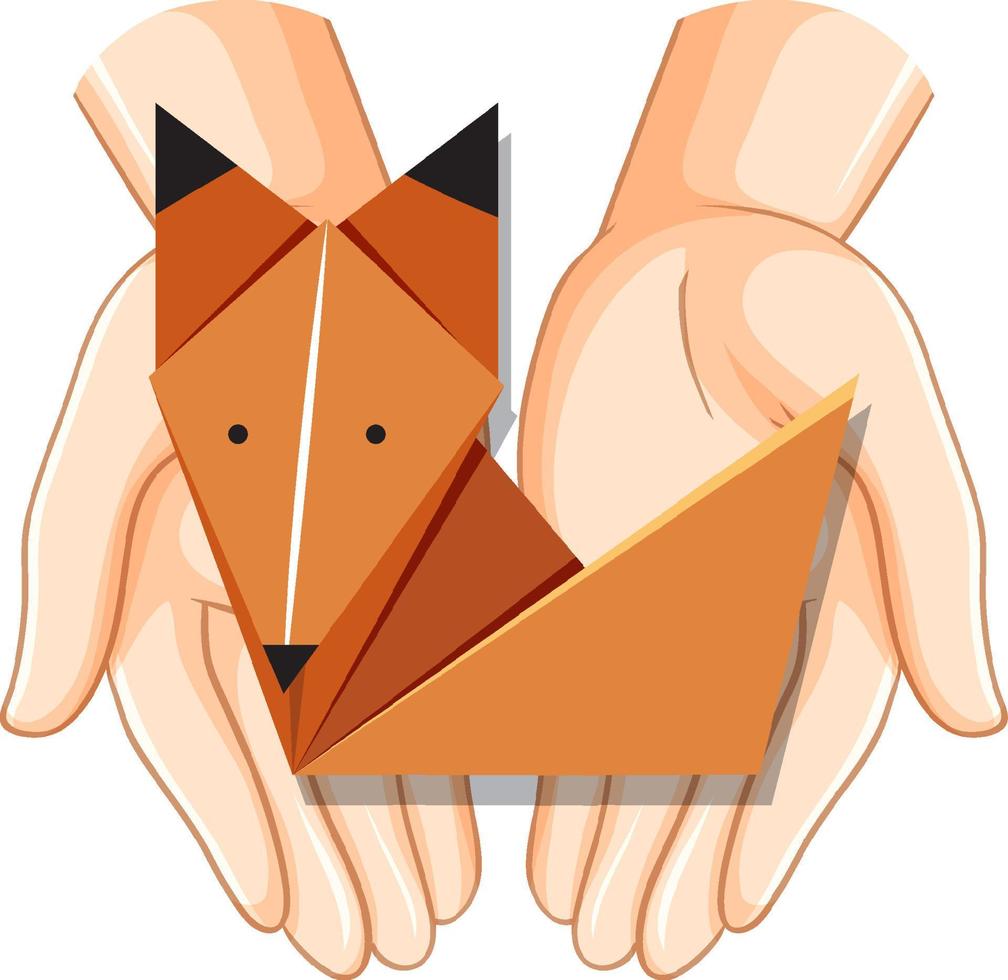 zorro de origami en manos humanas vector