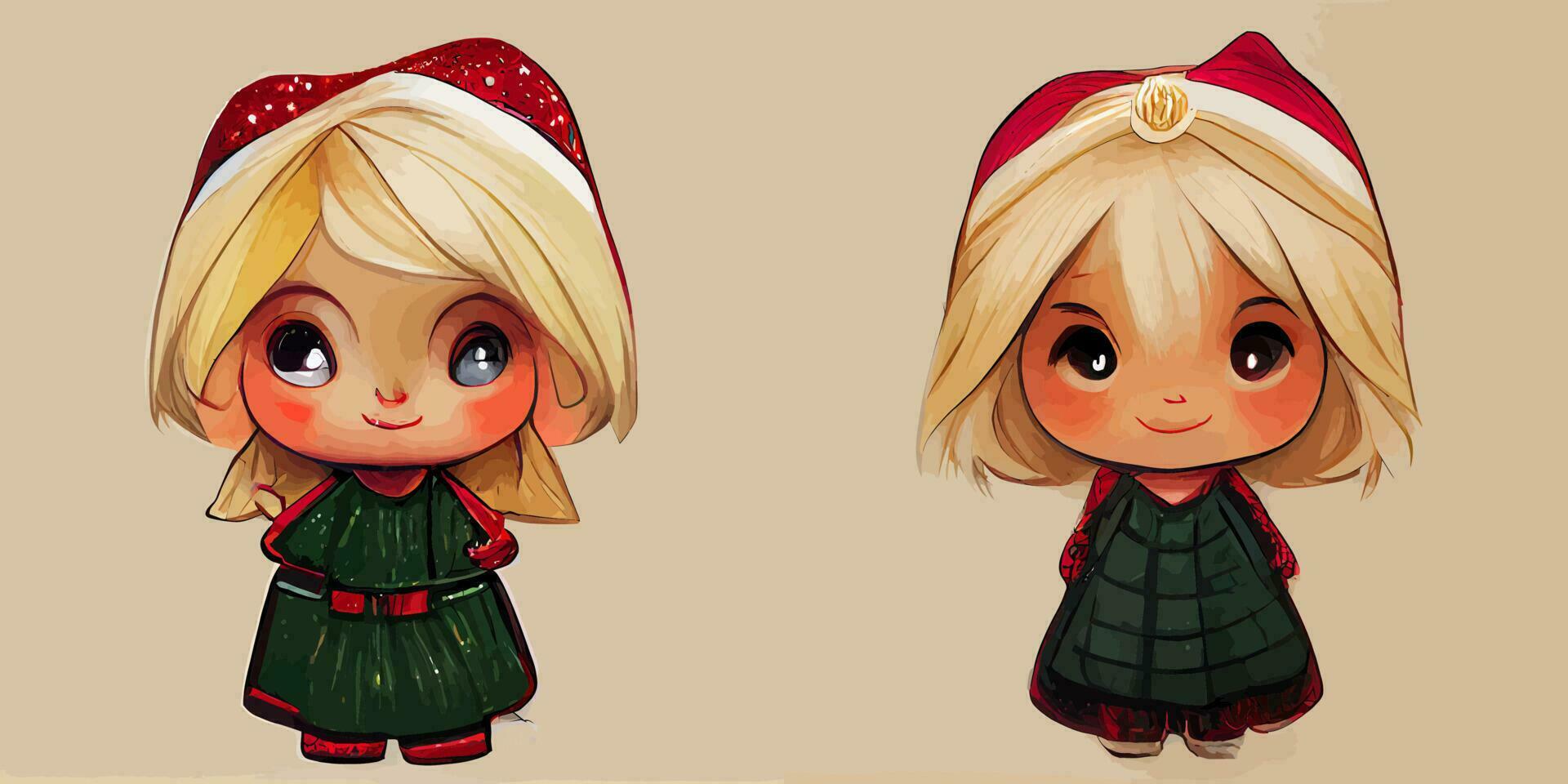 conjunto de vectores de ilustración de niña chibi de personaje de dibujos animados lindo usando traje de navidad con sombrero de santa aislado perfecto para tarjeta de felicitación de niño