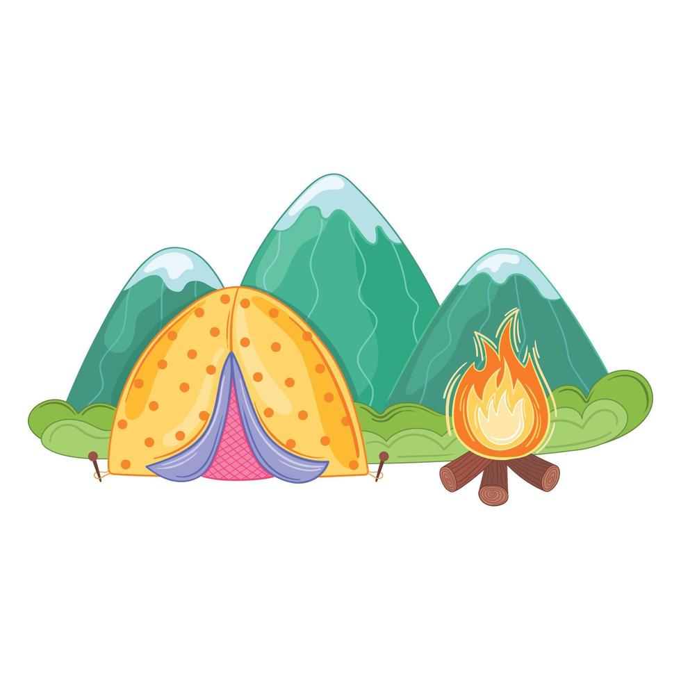 Vector illustration summer yellow tent with fire and green mountains