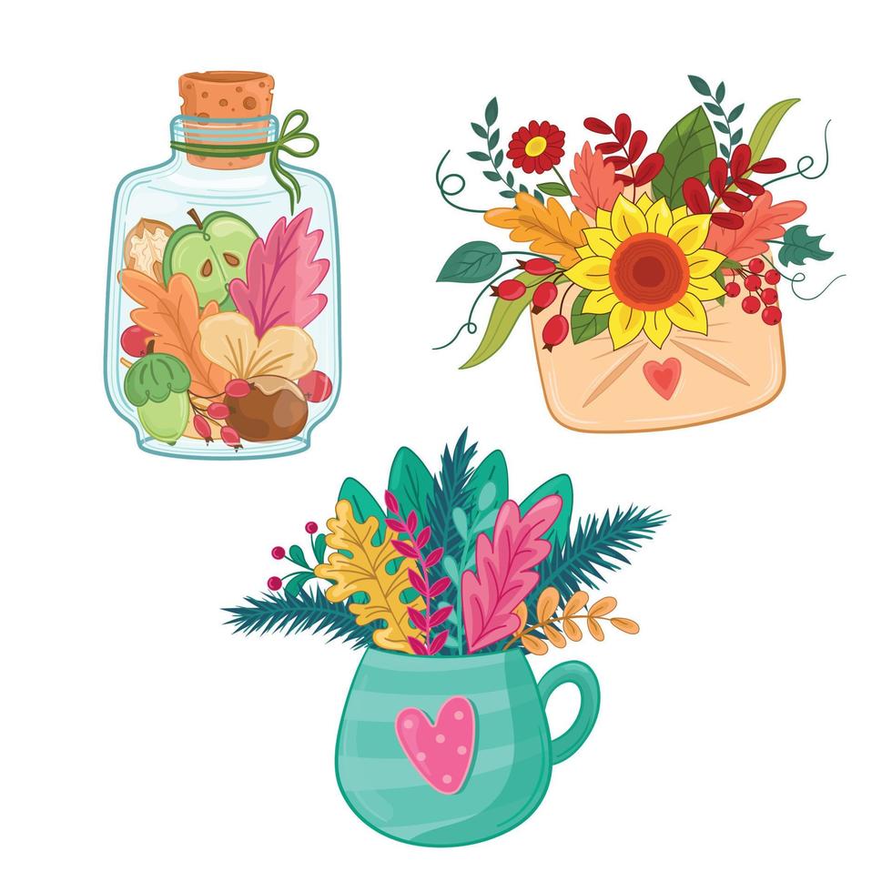 conjunto de otoño de ilustración vectorial con frasco de vidrio con corcho artesanal, girasol, entrenador, verduras, taza con hojas de otoño y ramas de abeto vector