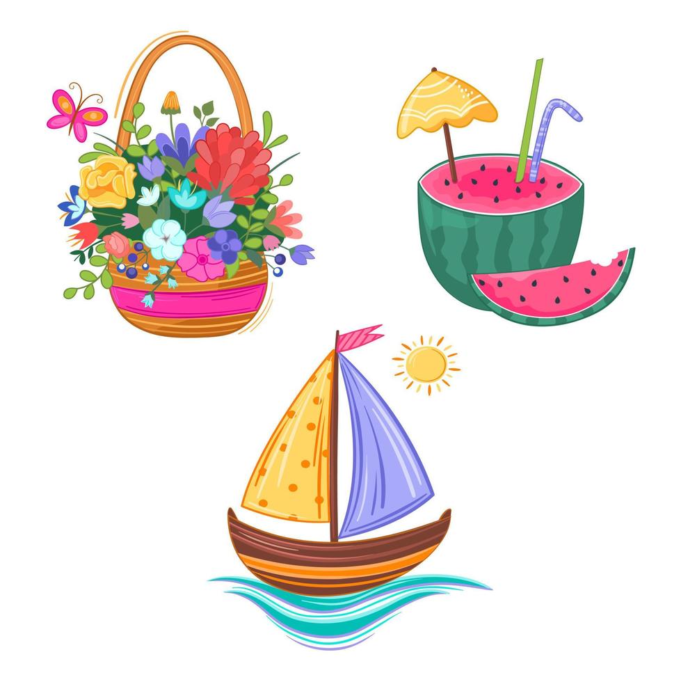 Vector illustration summer set with basket with flowers, watermelon, ship