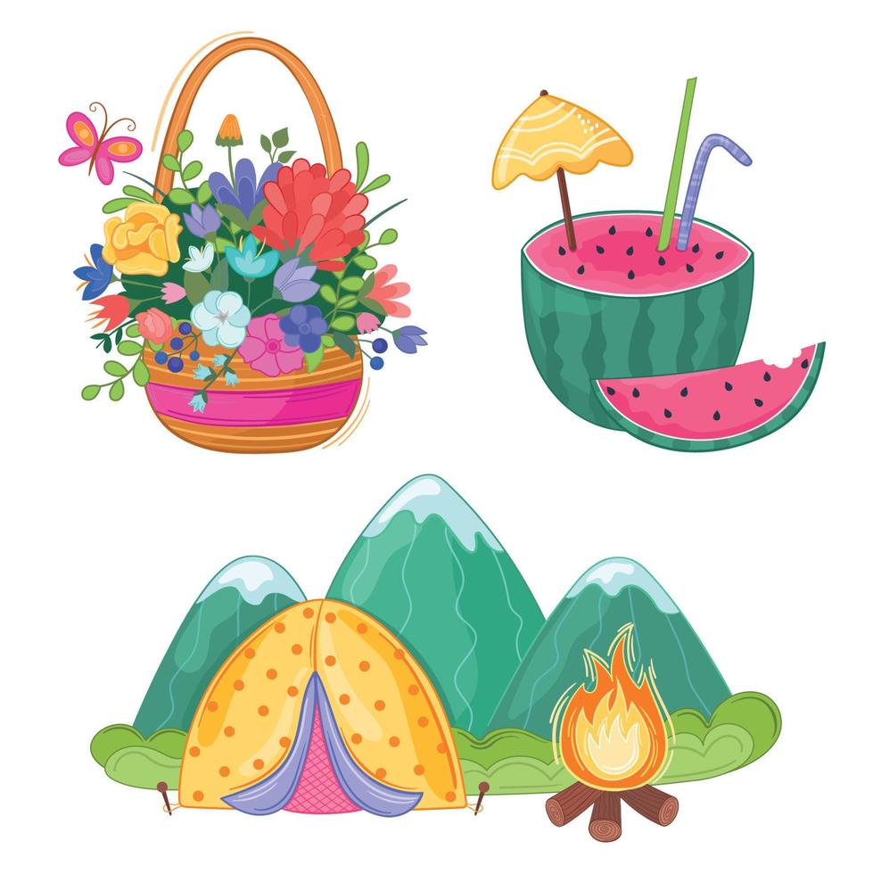 ilustración vectorial conjunto de verano con cesta con flores, sandía, montañas, carpa, fogata vector