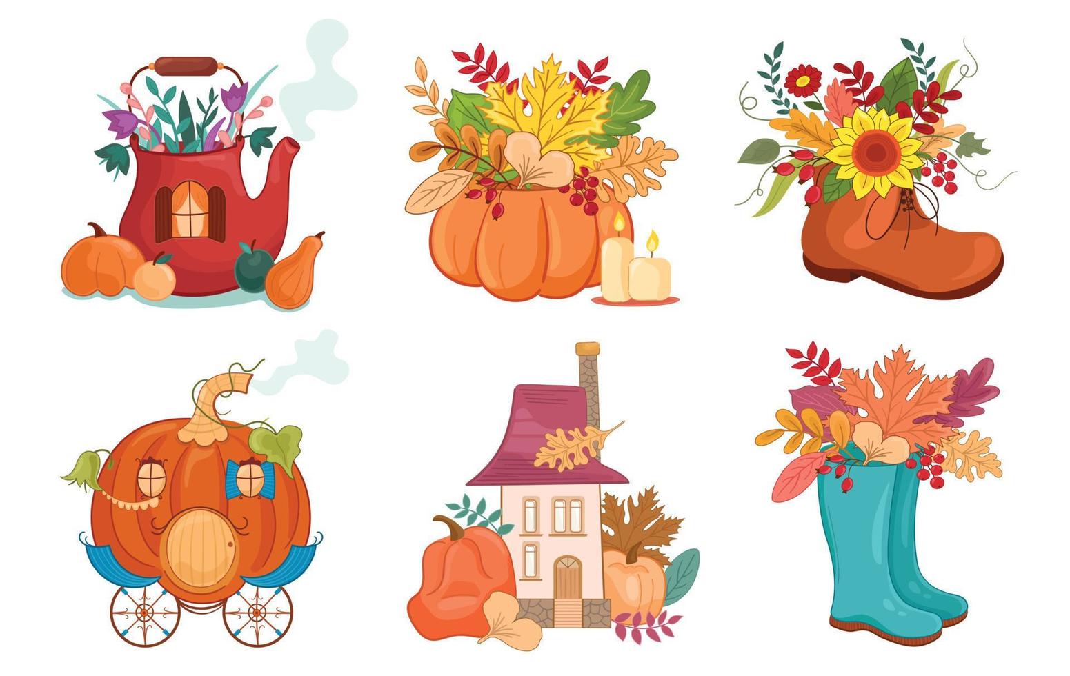 Vector illustration autumn set with boots, chariot, kettle, pumpkin, sunflower, coach, vegetables, shoe