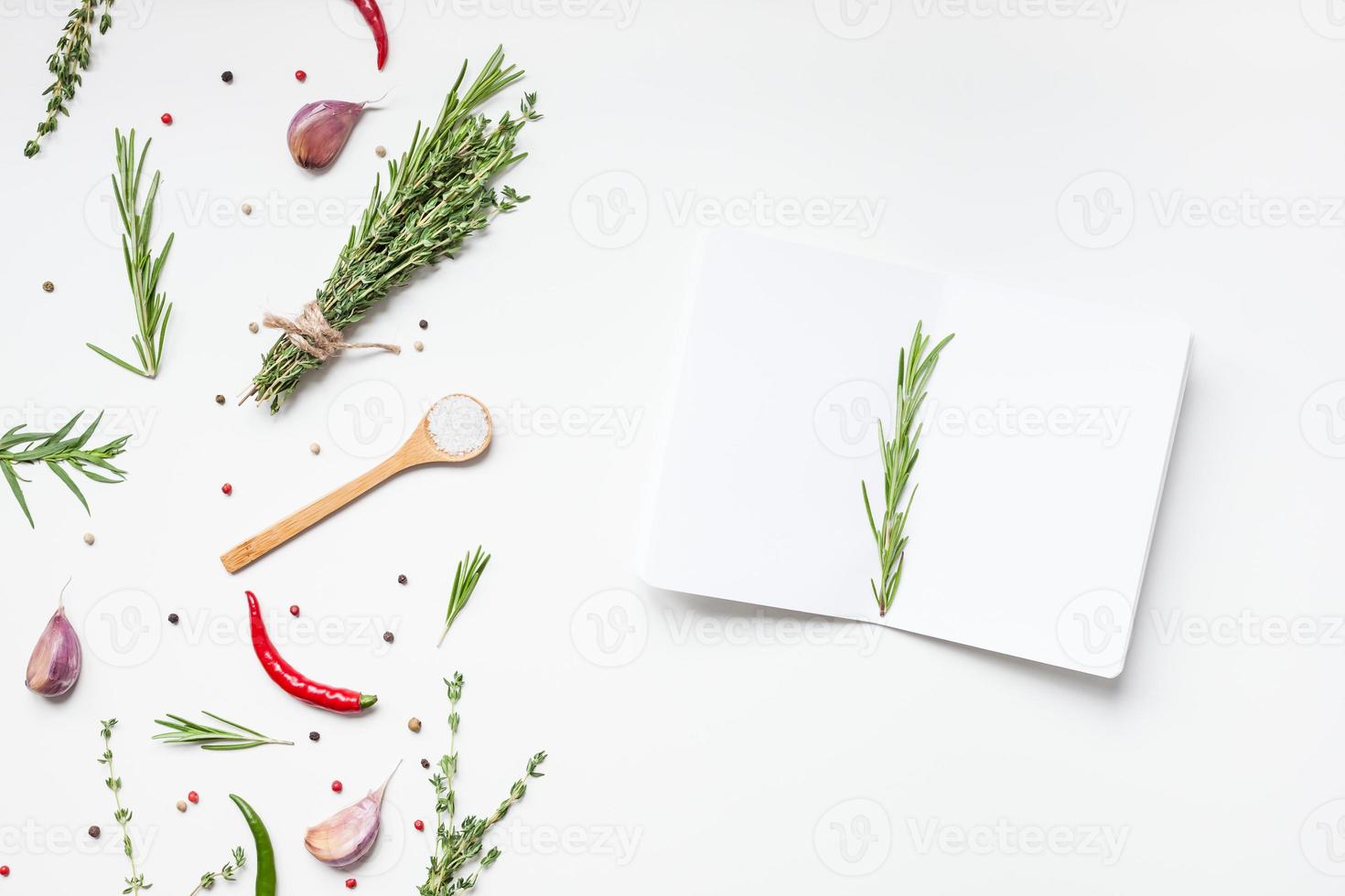 Blank notepad pages with greens herbs and spices photo