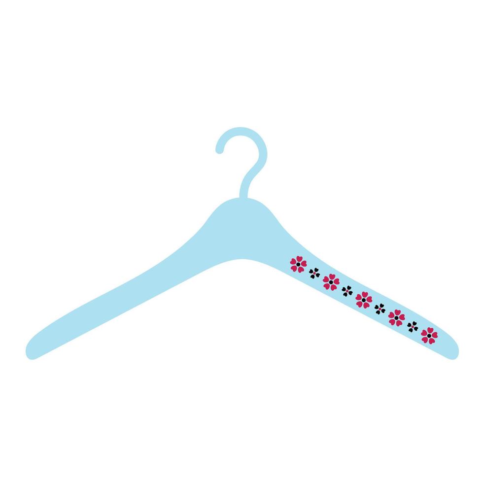 Clothes hanger in blue color, decorated with red and black flowers, flat vector, isolate on white, single item, concept, logo for clothing store vector