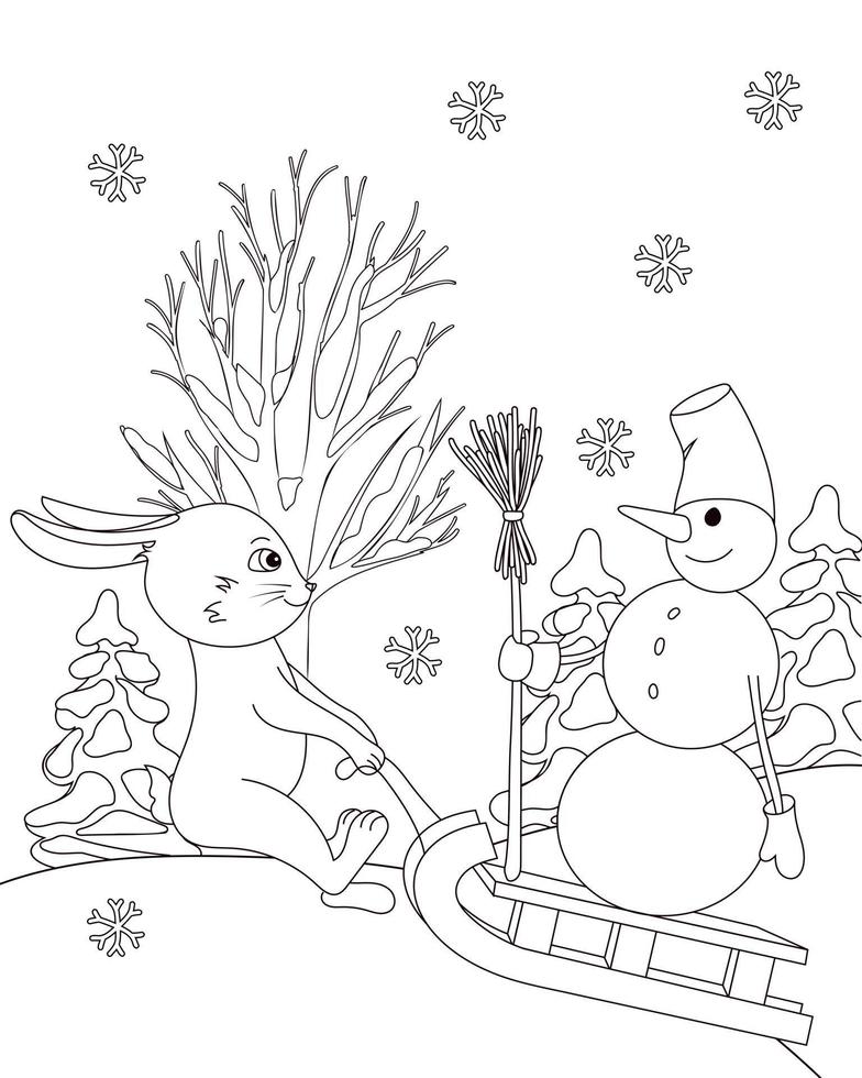 A hare carries a snowman on a sleigh vector
