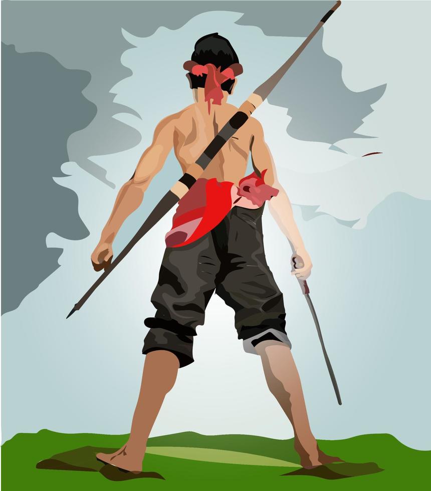 illustration and vector, hero, with arrows and a machete, shawl in red, very suitable for games and more vector
