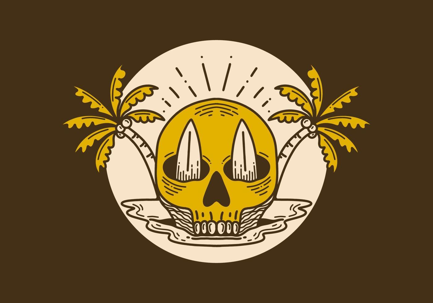 Vintage illustration of a skull with two surfboard and coconut trees vector