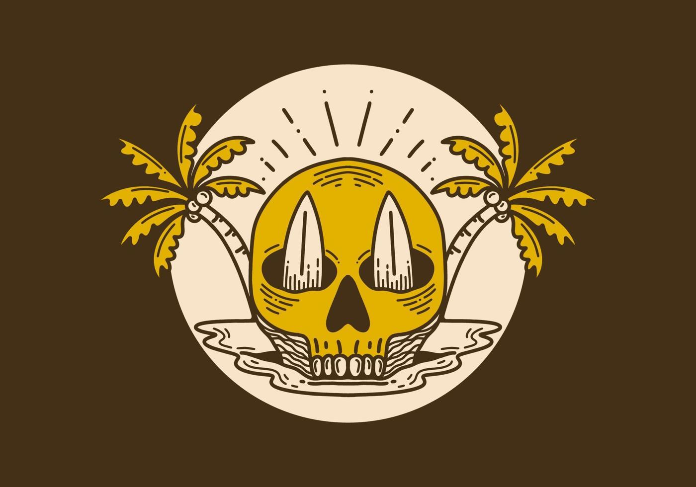 Vintage illustration of a skull with two surfboard and coconut trees vector