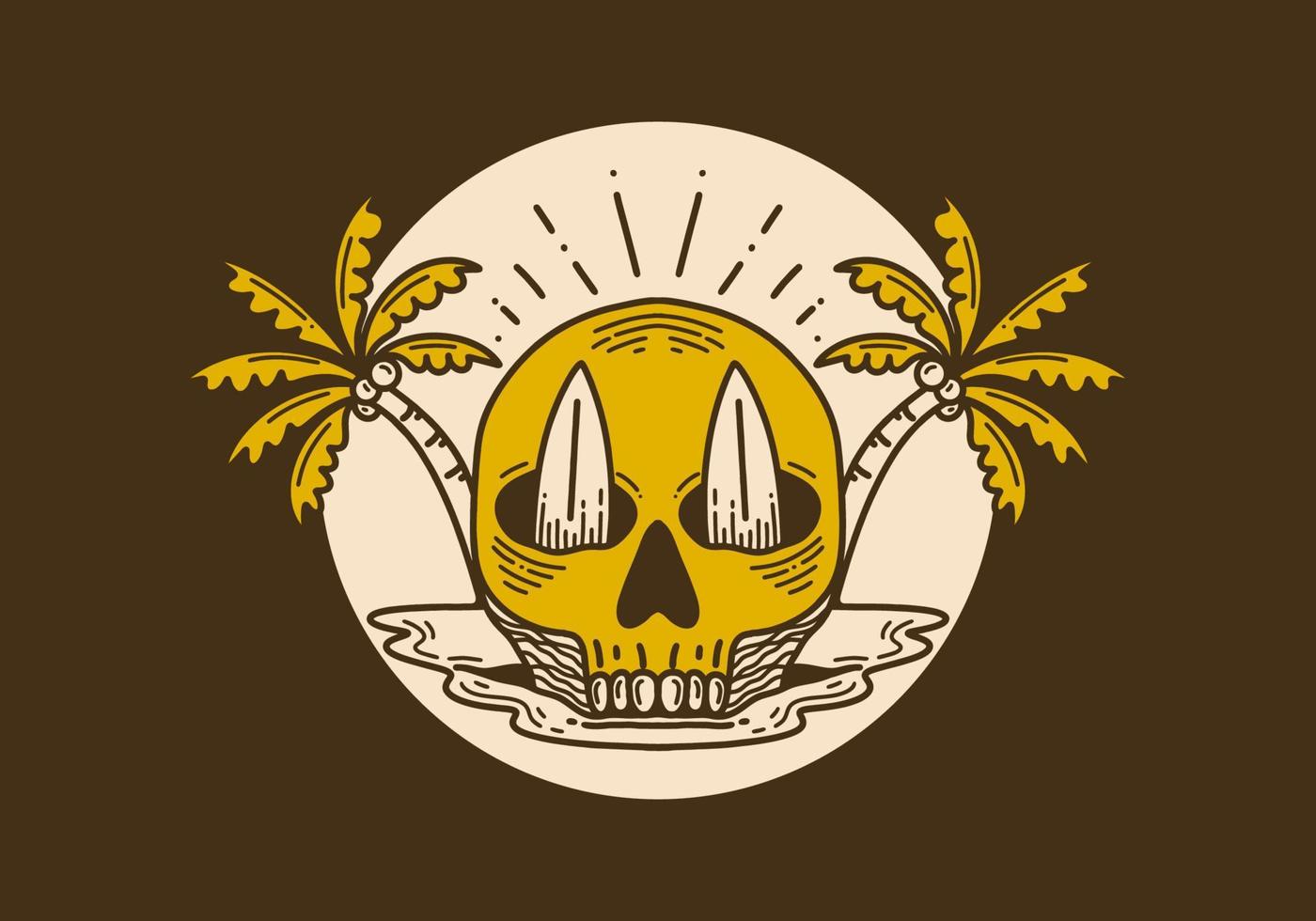 ilustración vintage de una calavera con dos tablas de surf y cocoteros vector