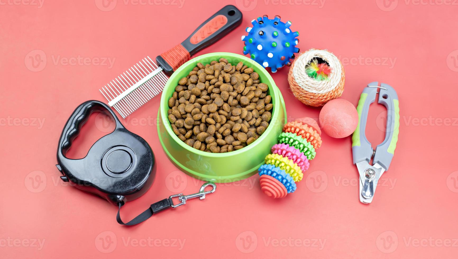 Dry food with pets accessories on red background photo