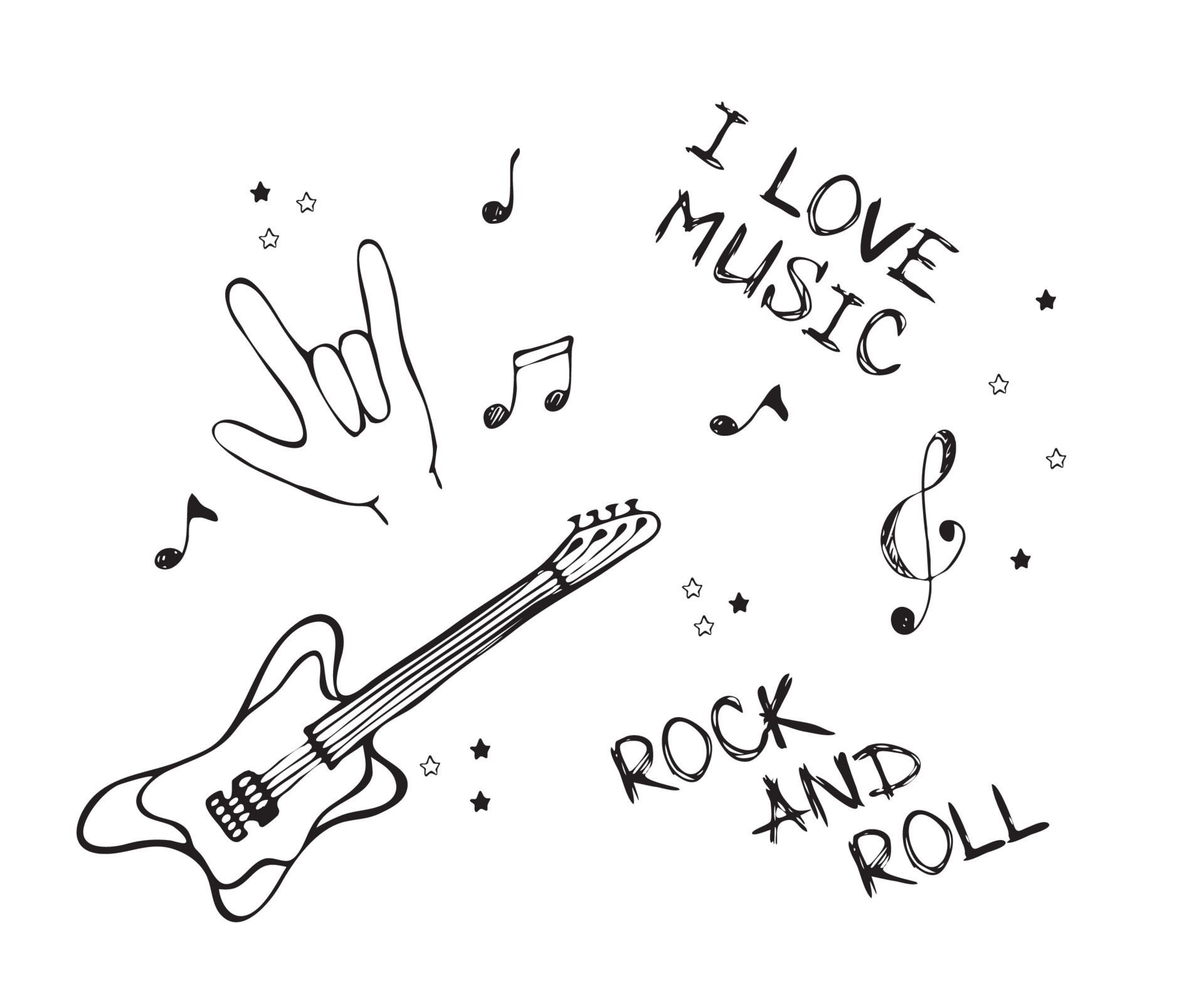 black and white doodle poster with musical notes, guitar, inscriptions
