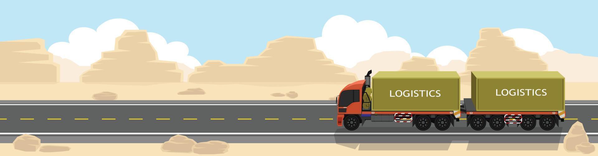 Container trucks with trailers Driving on asphalt roads on wide open spaces. Barren area with rocks and ground without trees and grass. with mountains under blue sky and white clouds for background. vector