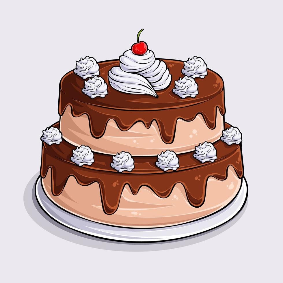 Hand drawn sweet caramel cake with chocolate cream and cherry on top isolated on white background vector