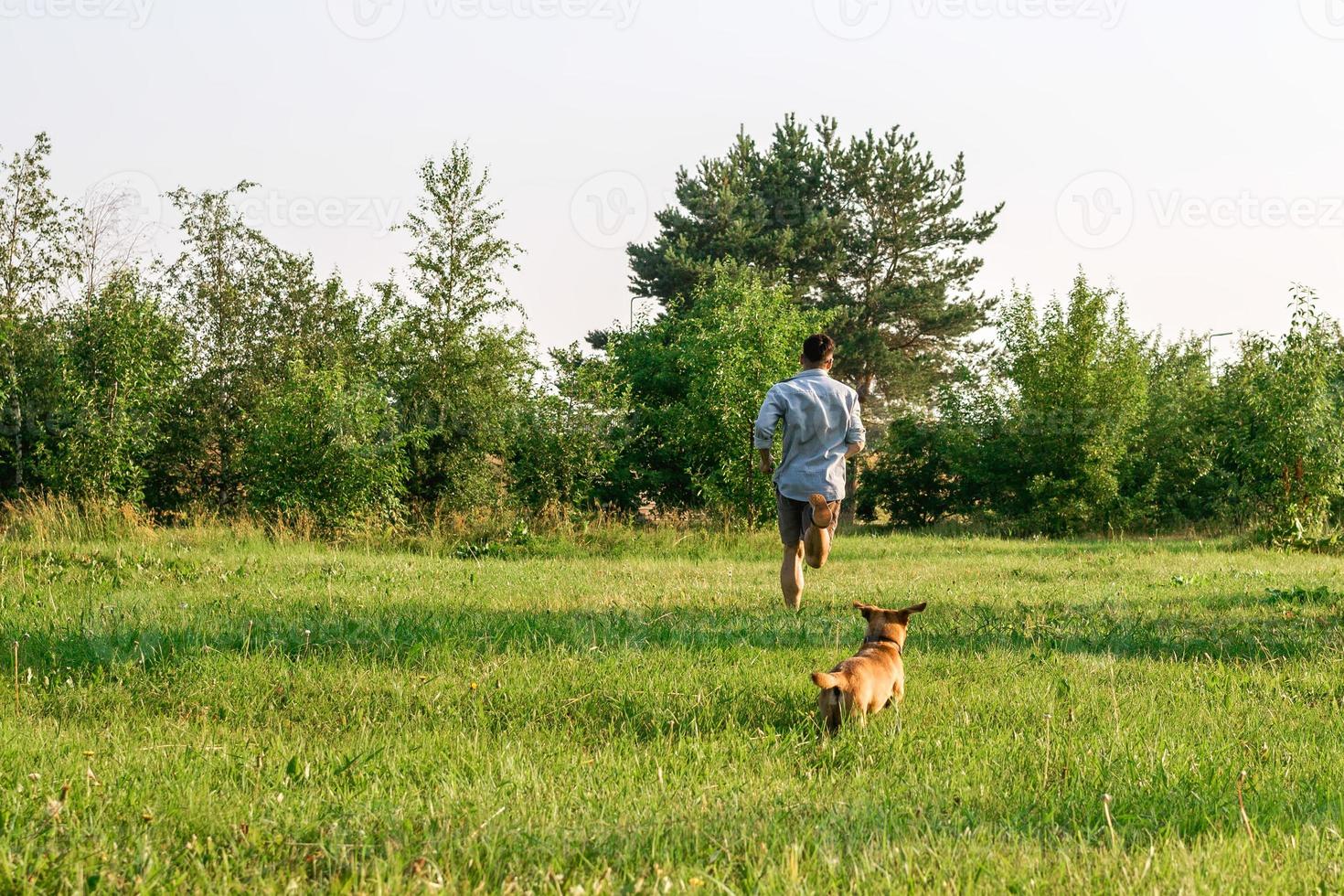 Small funny dog is running by its owner on a grass in park. Active free time by man and dog together. photo