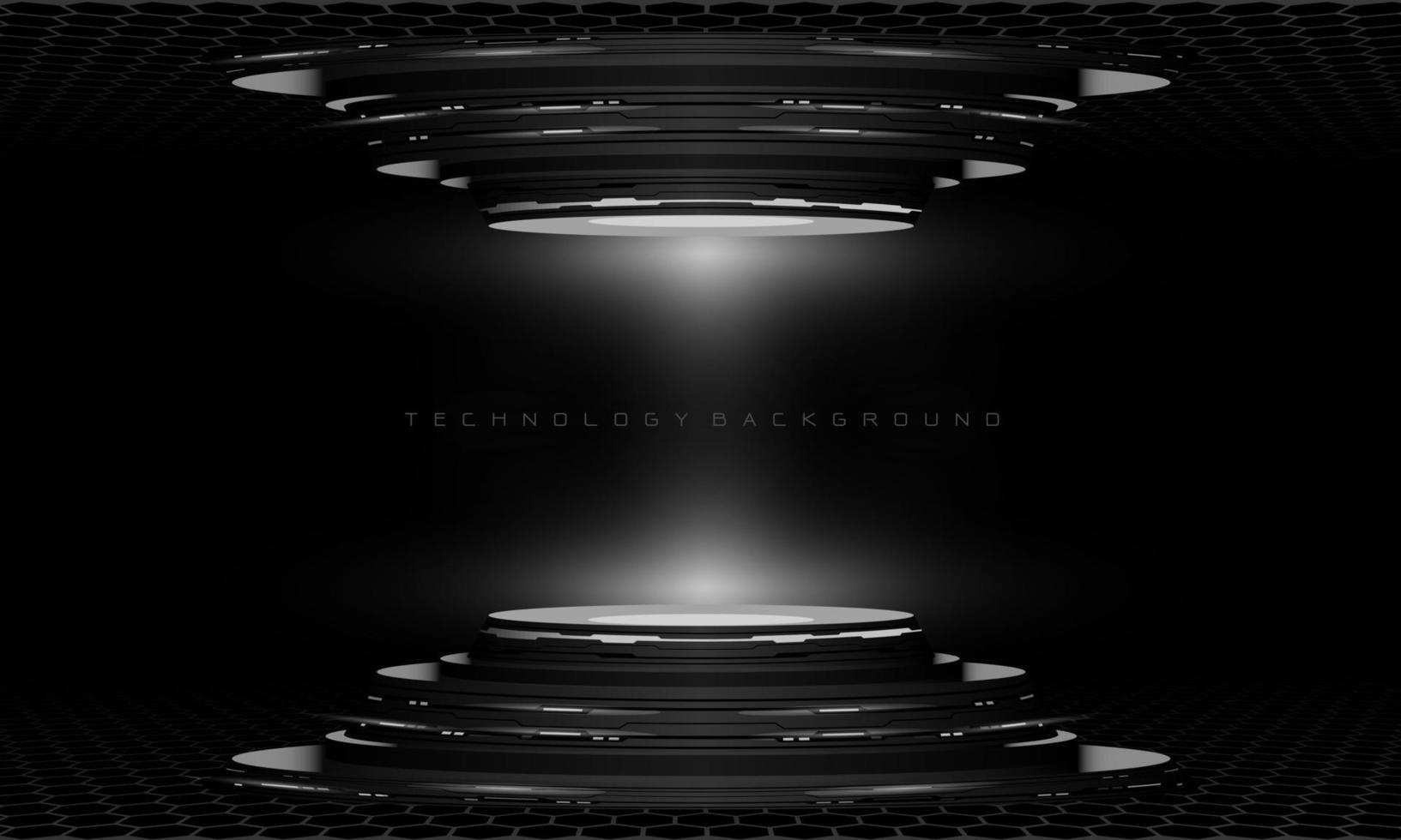 etapa de tecnología futurista cibernética cibernética geométrica gris abstracta 3d en vector de fondo moderno de diseño negro