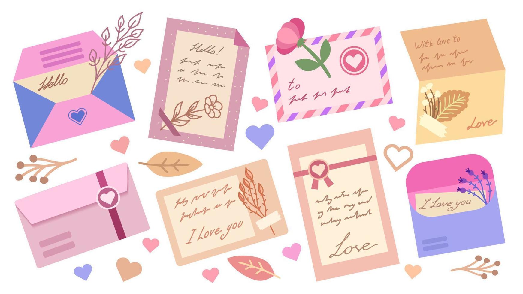Colorful flat envelops and postcards. Love letters with hearts, flowers, and leaves. Love, friendship and greeting letters for web, social media, crafts, printing design and other. vector