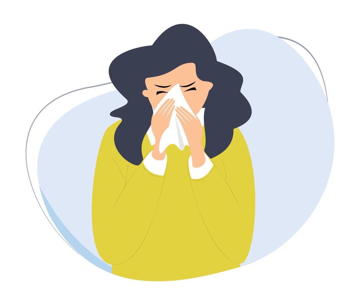 woman sneezing vector illustration. illustration of covering nose with tissue. flu