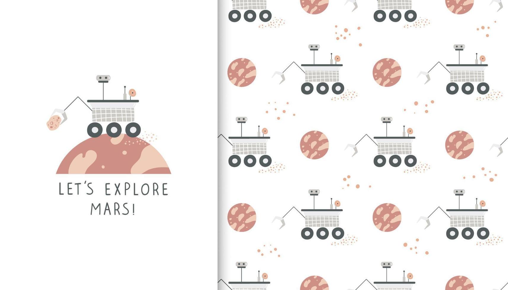 Hand drawn cartoon mars rover and planet seamless pattern. Design for kids clothes, decorations, textile, wrapping paper vector